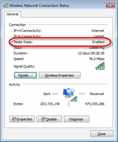 Статус беспроводного сетевого подключения в Vista