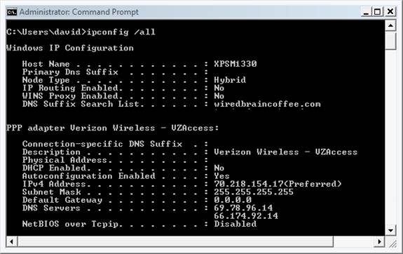 Результаты команды IPCONFIG /ALL